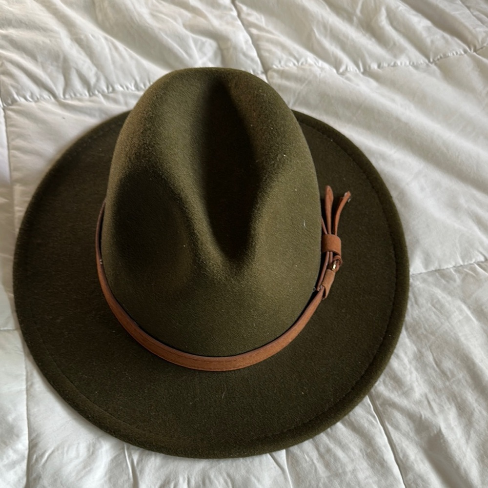 Olive Green Fedora Hat with Brown Band